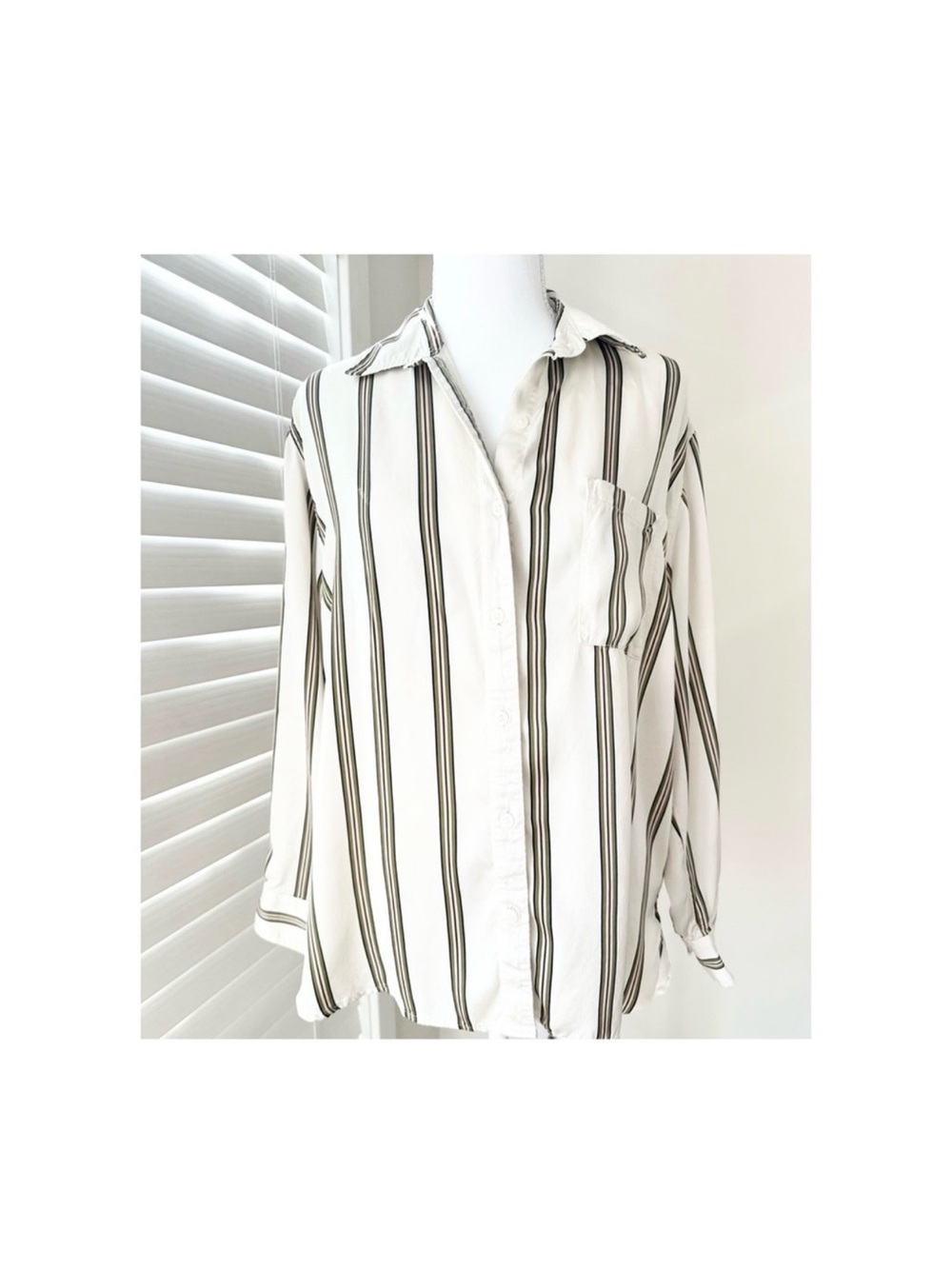 aerie White Shirt with Black Vertical Stripes